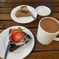 Beetroot brownie, banana bread and hot chocolate   at Chickpea Eatery Thuan Chay in Hoi An