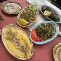 Fava, tabbouleh, vine leaves, aubergine salad   at EPIKERO in Ioannina