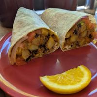 Vegan breakfast burrito with soy sausage at Strictly Organic in Bend