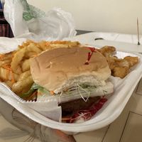 Roaryal veggie burger, fries, and cauliflower bites  at Amore Arowako Vegan Club in St John