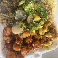 Tofu, Mac & cheese, lentils, rice, veggies   at Amore Arowako Vegan Club in St John