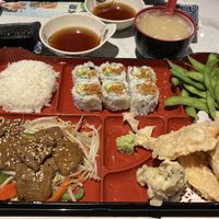 Bento A w/ veg. beef teriyaki, PLUS Assorted Fresh Mushroom Miso Soup.  at Tenon Vegetarian Cuisine in Markham