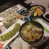 Vegan udon tempura soup, green dragon roll and other rolls at Tenon Vegetarian Cuisine in Markham