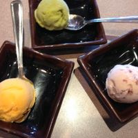 mango, red bean, and green tea ice cream at Tenon Vegetarian Cuisine in Markham