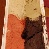 Hazelnut, pistacchio, strawberry and dark chocolate at Gelateria La Miraje in Parma