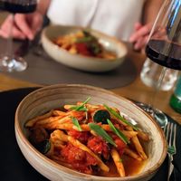 Vegan pasta, tomatoes, zucchini, eggplant, olives at Zinfandel Food & Wine bar in Split