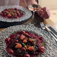 Beetroot carpaccio, grapefruit, lavender, ﻿ caramelised almond﻿ at Zinfandel Food & Wine bar in Split