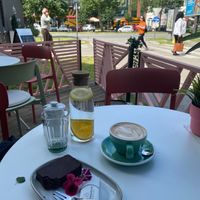 Chocolate brownie and soy cappuccino  at Šećernema in Novi Sad