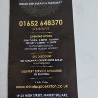 Their menu at Shimla Spice in Gainsborough