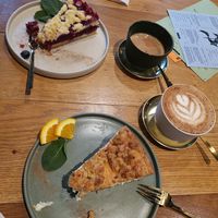 Cherry cake and apple-cheese cake with coffee drinks at drei&zwanzig in Karlsruhe
