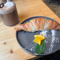 Hot chocolate and chocolate croissant  at drei&zwanzig in Karlsruhe