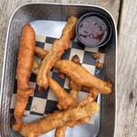 This is a full order of beer battered asparagus   at Chatham Brewing in Chatham