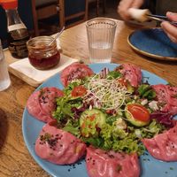 Delicious vegan momo's with salad at Tibetan Convention Tea House in Florennes