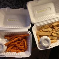 Sweet potato and regular potato fries with garlic aioli  at Two Monkeys in Oslo