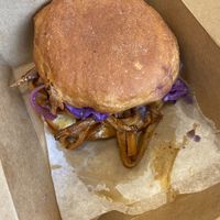 Mushroom BBQ sandwich on a donut from Donut Run  at Lost Sock Roasters in Washington