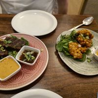 Mushroom skewers and sweetcorn cakes at Plants of Roselyn in South East London