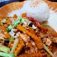 Pumpkin and tofu stir fry with coconut rice at Plants of Roselyn in South East London