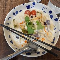 Coconut lemongrass tempeh noodle soup  at Plants of Roselyn in South East London