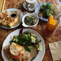 Foccacia, Pesto salad, Orange tonic, Chai latte, Cheese sandwich, eggplant dish/ salad at Rooted 루티드 in Seoul