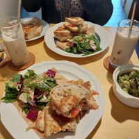 Vegan grilled cheese, side of pesto potatoes and foccacia at Rooted 루티드 in Seoul