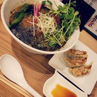 Black sesame ramen with gyoza at T's Tantan - Tokyo JR Station in Tokyo