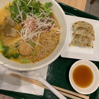 Ramen with peanut butter and vegetable gyoza dumplings  at T's Tantan - Tokyo JR Station in Tokyo
