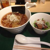vegan ramen with side dish of soy meat at T's Tantan - Tokyo JR Station in Tokyo