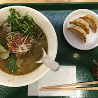 Black sesame ramen with fried dumplings at T's Tantan - Tokyo JR Station in Tokyo