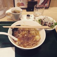 Shoyu ramen, fried soy meat, Apple honey tea at T's Tantan - Tokyo JR Station in Tokyo
