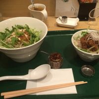 Ramen set lunch. Ramen with cashew and soy meat. Soy meat and rice. Apple Lemonade Tea at T's Tantan - Tokyo JR Station in Tokyo