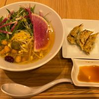 Gold sesame ramen with noodle upgrade and gyoza on the side  at T's Tantan - Tokyo JR Station in Tokyo