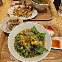 Grilled Mushrooms SHOYU Ramen + Mini Bowl with Char Siu + Soy Milk Yogurt (Strawberry Sauce) at T's Tantan - Tokyo JR Station in Tokyo