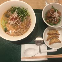 sesame ramen with dumpling and sticky soy  at T's Tantan - Tokyo JR Station in Tokyo