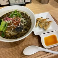 Black sesame ramen & Gyoza set at T's Tantan - Tokyo JR Station in Tokyo