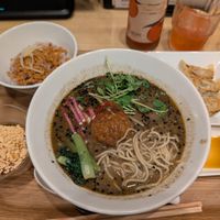 Black sesame ramen set with pan fried gyoza, rice bowl and some kind of yogurt dessert at T's Tantan - Tokyo JR Station in Tokyo