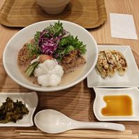 Sakura themed ramen and vegan gyoza at T's Tantan - Tokyo JR Station in Tokyo