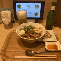 Donburi bowl with gyoza and heartland beer  at T's Tantan - Tokyo JR Station in Tokyo