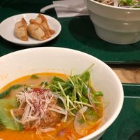White sesame and black sesame ramen with fried veggie dumplings at T's Tantan - Tokyo JR Station in Tokyo
