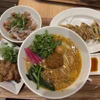 Vegan Golden Sesame Tantanmen with the soy-meat wirh rice bowl side, extra fried vegan soy meat and vegan Gyoza  at T's Tantan - Tokyo JR Station in Tokyo