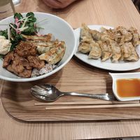 Rice bowl with soy meat & gyoza at T's Tantan - Tokyo JR Station in Tokyo