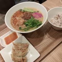 Golden sesame tantan men set with 3 gyoza and rice. at T's Tantan - Tokyo JR Station in Tokyo