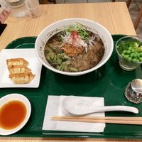 Black sesame ramen with gyoza and green vegetables at T's Tantan - Tokyo JR Station in Tokyo
