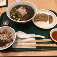 Black sesame, mao pow tofu and gyozas at T's Tantan - Tokyo JR Station in Tokyo