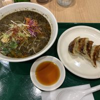 Black sesame ramen and veg gyoza at T's Tantan - Tokyo JR Station in Tokyo