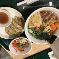 Soy sauce ramen, soy bean meat rice bowl and gyoza at T's Tantan - Tokyo JR Station in Tokyo