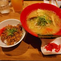 Tonkatsu ramen with soy-meat and rice  at T's Tantan - Tokyo JR Station in Tokyo