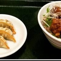 Dumplings and soy "meat" with rice at T's Tantan - Tokyo JR Station in Tokyo