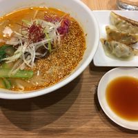 Golden sesame tantan noodles with a side of gyoza at T's Tantan - Tokyo JR Station in Tokyo