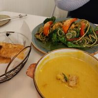 Pumpkin soup that comes with foccacia and pesto pasta at Lazy Farmers in Seoul