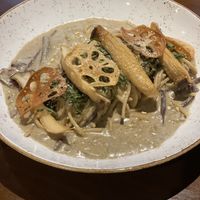Miso cream past with mushroom, bracken, and lotus root chips  at Lazy Farmers in Seoul